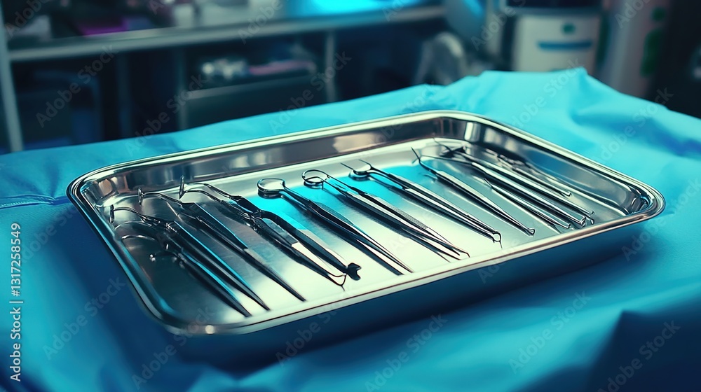 A stainless steel tray with various dental instruments, including tweezers, forceps, and pliers, is placed on top of an operating table in the middle of the frame. A stainless steel tray with various dental instruments, including tweezers, forceps, and pliers, is placed on top of an operating table in the middle of the frame.