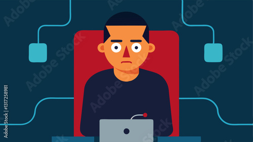 Suspects Expression A vector of a nervouslooking suspect sitting in a chair with furrowed brows and biting their lip. The polygraph machine is connected to their fingertips.