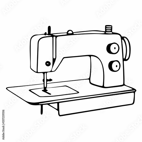 A simple black line drawing depicts a sewing machine