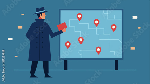 Surveillance Map The detective beside a large printed map with marked locations corresponding to the timestamps seen in the CCTV footage.