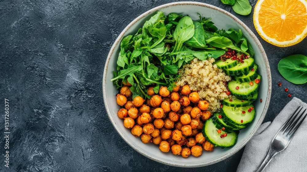 Healthy salad bowl with chickpeas, quinoa, cucumber, and greens Healthy salad bowl with chickpeas, quinoa, cucumber, and greens
