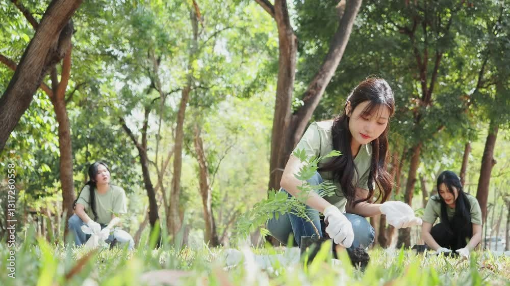 A group of volunteers plant saplings in the urban forest. Volunteers are doing tree planting activities. Green earth concept. A group of volunteers plant saplings in the urban forest. Volunteers are doing tree planting activities. Green earth concept.