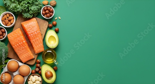 Concepto de dieta cetogénica: salmón, aguacate, huevos, nueces y semillas, fondo verde brillante, vista superior
 photo