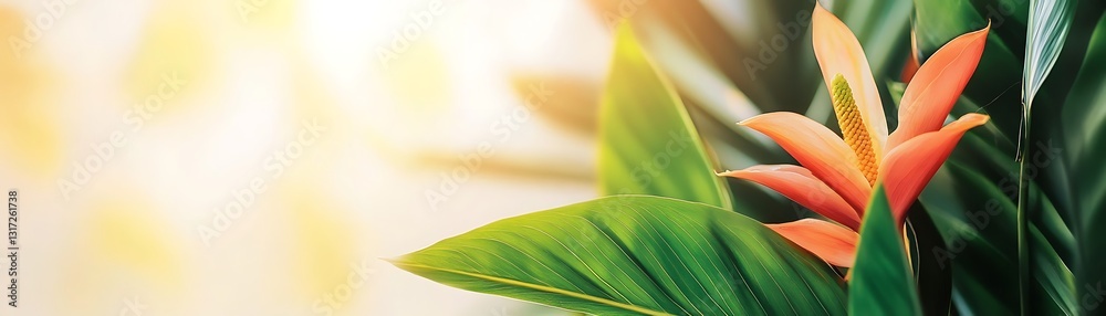 Fototapeta premium Vibrant Orange Flower Surrounded by Lush Green Leaves in Bright Tropical Setting