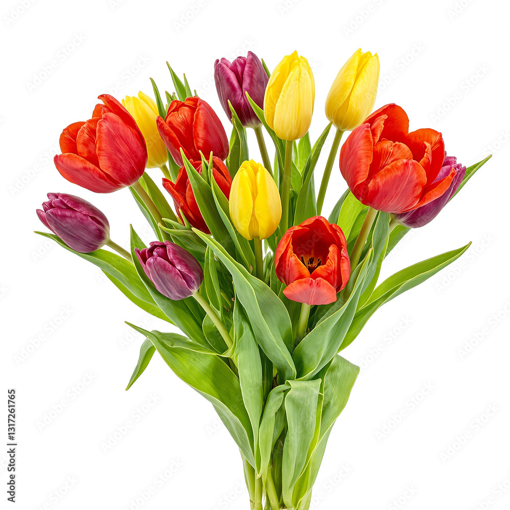 A colorful bouquet of mixed tulips in red yellow and purple with green leaves creating a lively and joyful display A colorful bouquet of mixed tulips in red yellow and purple with green leaves creating a lively and joyful display