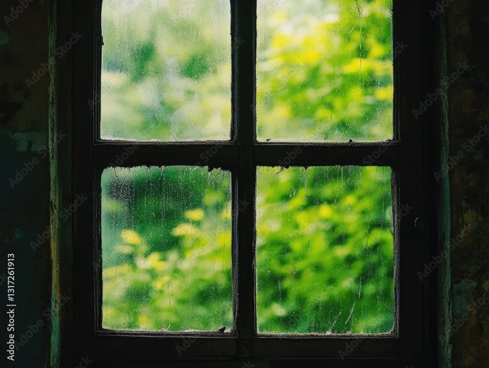 Naklejka premium Rustic Window Frame Showcasing Vibrant Greenery Outside the Glass