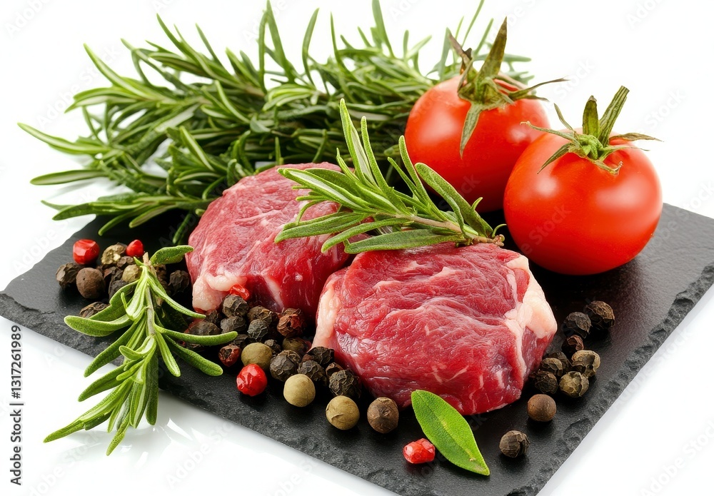 Two Raw Beef Steaks with Rosemary Tomatoes and Peppercorns Two Raw Beef Steaks with Rosemary Tomatoes and Peppercorns