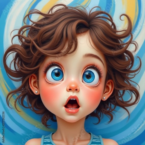 Charming Cartoon Portrait of a Little Girl with Wide Blue Eyes Expressing Surprise  2Yz8Pt photo