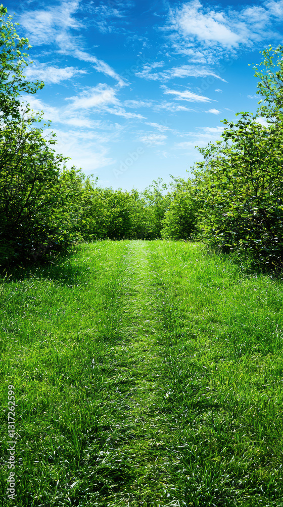 lush green path leads through vibrant trees under bright blue sky lush green path leads through vibrant trees under bright blue sky