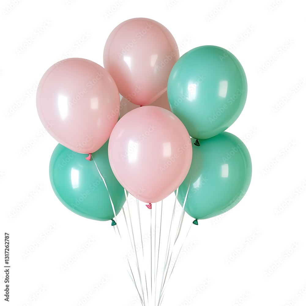 A Bunch of Isolated Pastel Green and Pink Balloons on White Background A Bunch of Isolated Pastel Green and Pink Balloons on White Background