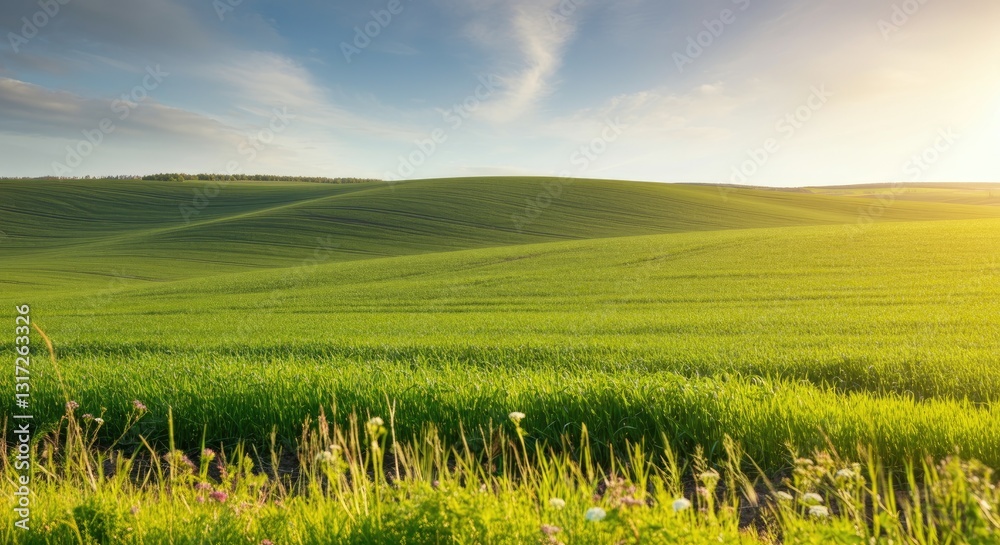 Beautiful green rolling fields under partly cloudy sky Beautiful green rolling fields under partly cloudy sky