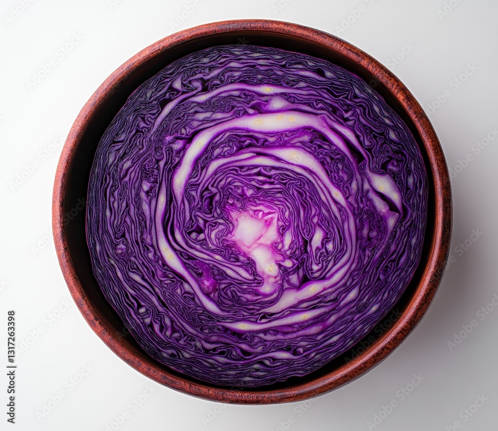Fototapeta premium Vibrant Purple Cabbage Slice in Rustic Brown Bowl, Closeup View