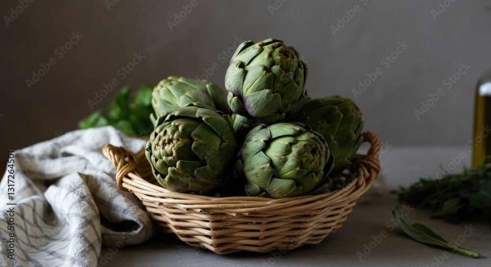 Fototapeta premium Fresh artichokes in wicker basket, with rustic kitchen textiles
