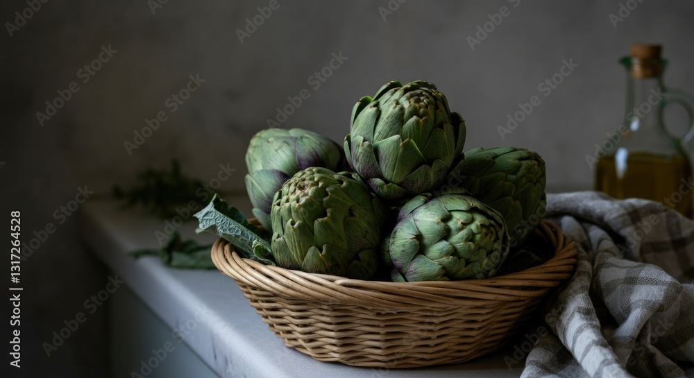 Fototapeta premium Fresh artichokes in wicker basket on kitchen counter