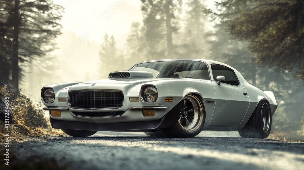 1970s muscle car with a glossy white finish chrome wheels and aggressive front grille positioned on a mountain road misty morning 1970s muscle car with a glossy white finish chrome wheels and aggressive front grille positioned on a mountain road misty morning