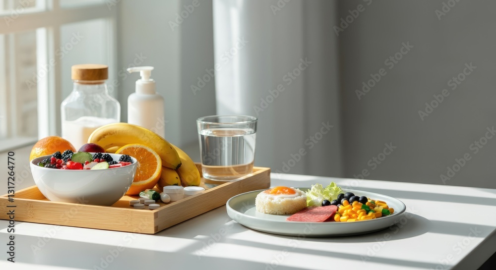Healthy breakfast on white table includes fruit, eggs, and water in natural sunlight Healthy breakfast on white table includes fruit, eggs, and water in natural sunlight