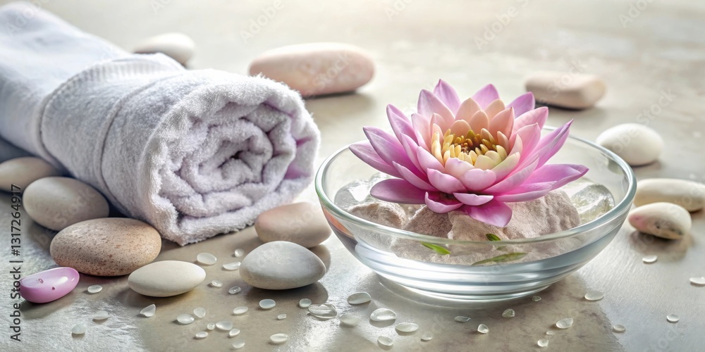 A serene spa setting with a delicate pink water lily floating in a glass bowl, surrounded by smooth stones and a rolled towel, creating a tranquil and inviting atmosphere. A serene spa setting with a delicate pink water lily floating in a glass bowl, surrounded by smooth stones and a rolled towel, creating a tranquil and inviting atmosphere.