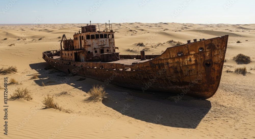 Rusty Shipwreck in the Desert - A rusted shipwreck sits abandoned in a vast, sandy desert under a clear sky. The evokes a sense of isolation and the passage of time Rusty Shipwreck in the Desert - A rusted shipwreck sits abandoned in a vast, sandy desert under a clear sky. The evokes a sense of isolation and the passage of time