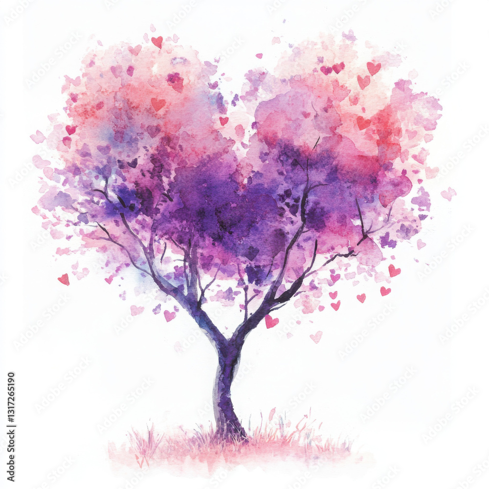 Fototapeta premium Watercolor painting of a tree with heart-shaped leaves in shades of pink and purple, evoking a sense of love and tranquility.