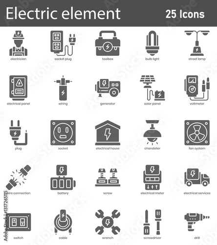 Electric Elements Line Icons Set. Collection of 30 outline icons representing electrical components, power systems, and energy sources.  vector illustration.