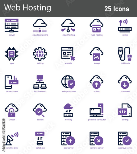 Web Hosting Line Icons Set. Collection of 30 outline icons representing server management, cloud hosting, and website services.  vector illustration