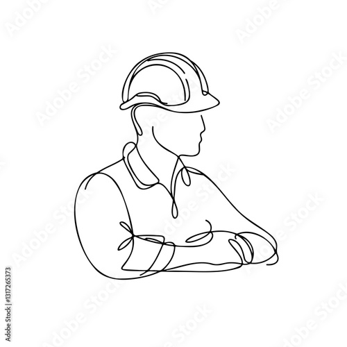 One-line drawing of a male construction worker with arms crossed