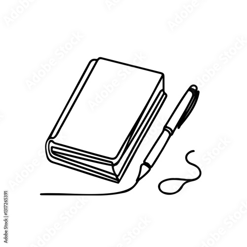 One-line drawing of a closed book with a pen