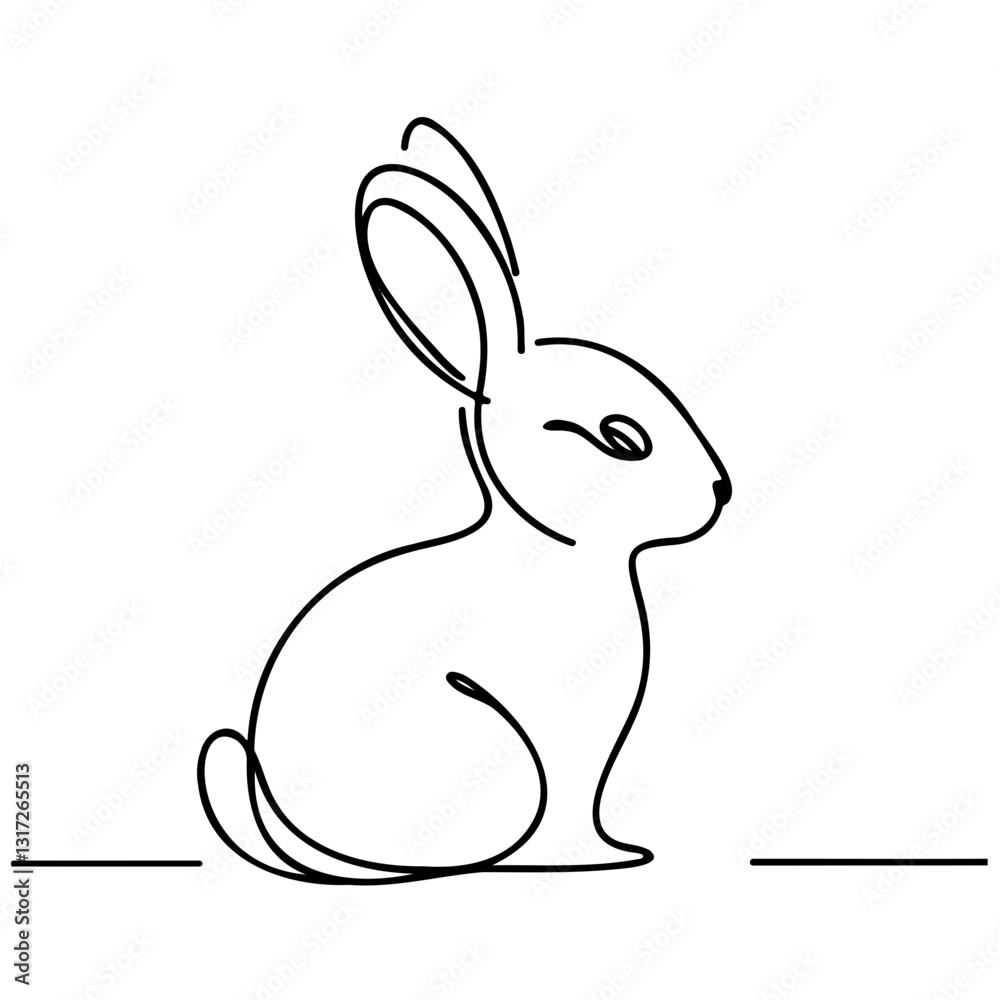 Fototapeta premium One-line drawing of a sitting rabbit with ground lines