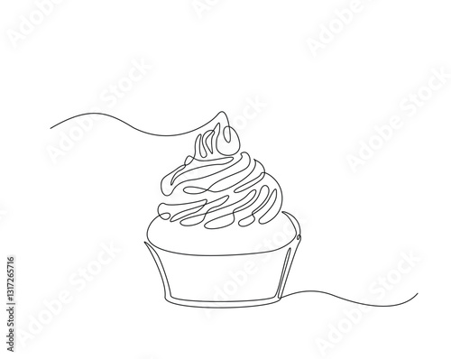 Sweet cupcake simple outline illustration. Continuous line drawing of muffin cake.