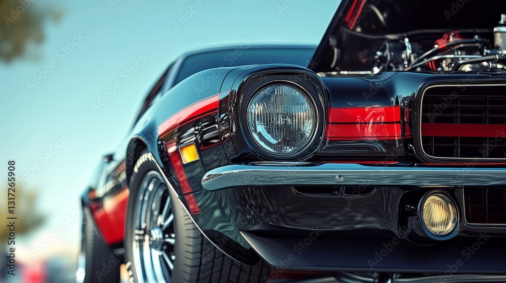 Close-up of a classic 1970s muscle car black with red racing stripes engine hood open showing a powerful engine under a clear blue sky high contrast vivid colors high resolution Close-up of a classic 1970s muscle car black with red racing stripes engine hood open showing a powerful engine under a clear blue sky high contrast vivid colors high resolution
