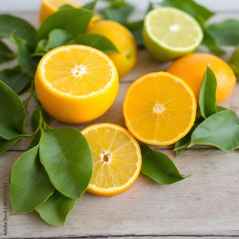 Fresh Citrus Fruits With Green Leaves Arranged on Wooden Surface Fresh Citrus Fruits With Green Leaves Arranged on Wooden Surface