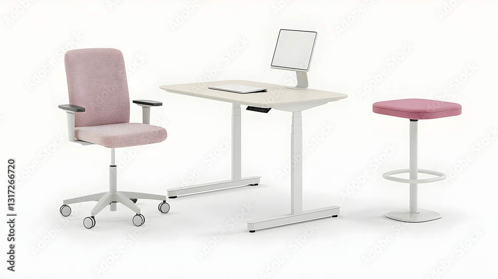 Modern office chair, height-adjustable desk, and stool on white background; ideal for workspace design websites Modern office chair, height-adjustable desk, and stool on white background; ideal for workspace design websites