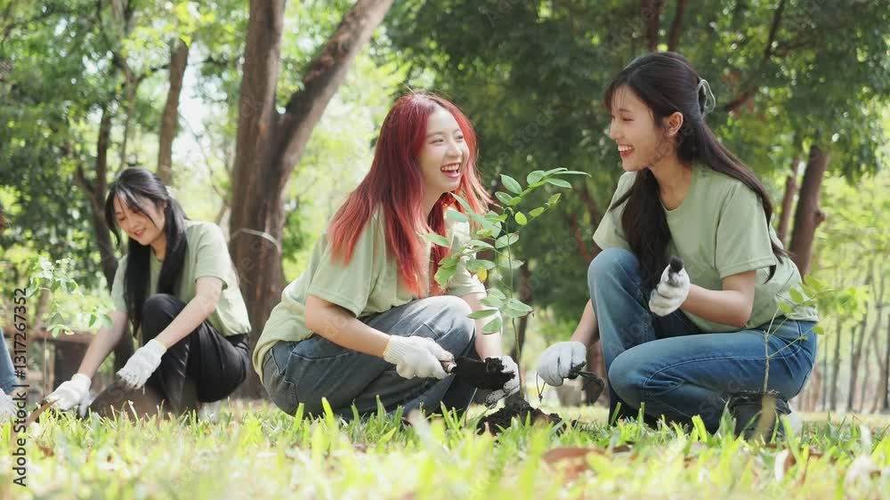 A group of volunteers plant saplings in the urban forest. Volunteers are doing tree planting activities. Green earth concept. A group of volunteers plant saplings in the urban forest. Volunteers are doing tree planting activities. Green earth concept.