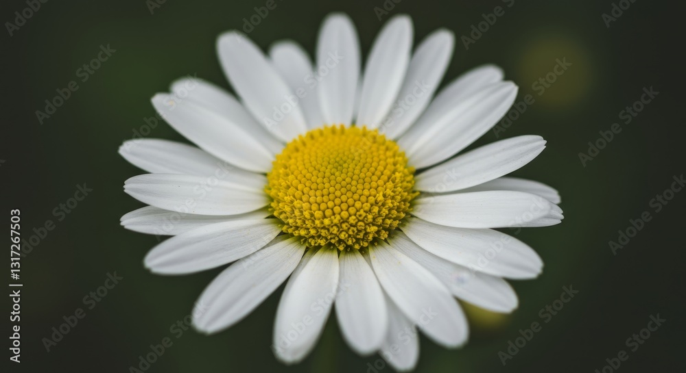 Single Daisy Bloom Close Up - A detailed close-up of a single white daisy with a yellow center, set against a dark green background Single Daisy Bloom Close Up - A detailed close-up of a single white daisy with a yellow center, set against a dark green background