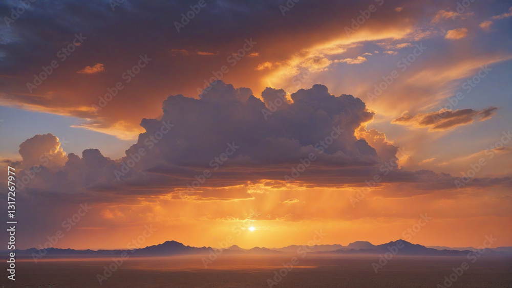 Sunset with orange and purple clouds over a mountain range, sun rays shining through the clouds, horizon with fog Sunset with orange and purple clouds over a mountain range, sun rays shining through the clouds, horizon with fog