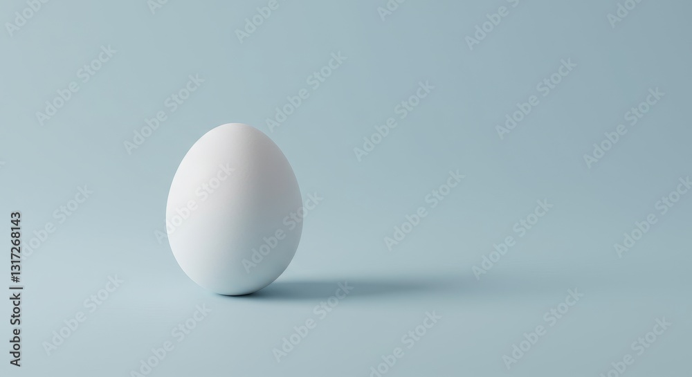 Single White Egg on Blue Background - A perfect white egg sits on a pale blue background, creating a simple yet elegant Single White Egg on Blue Background - A perfect white egg sits on a pale blue background, creating a simple yet elegant