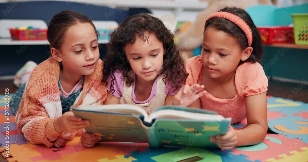 Education, happy and children with book in classroom for learning, development or story time. Friends, relax and girl students reading novel on floor mat for literacy knowledge at elementary school.