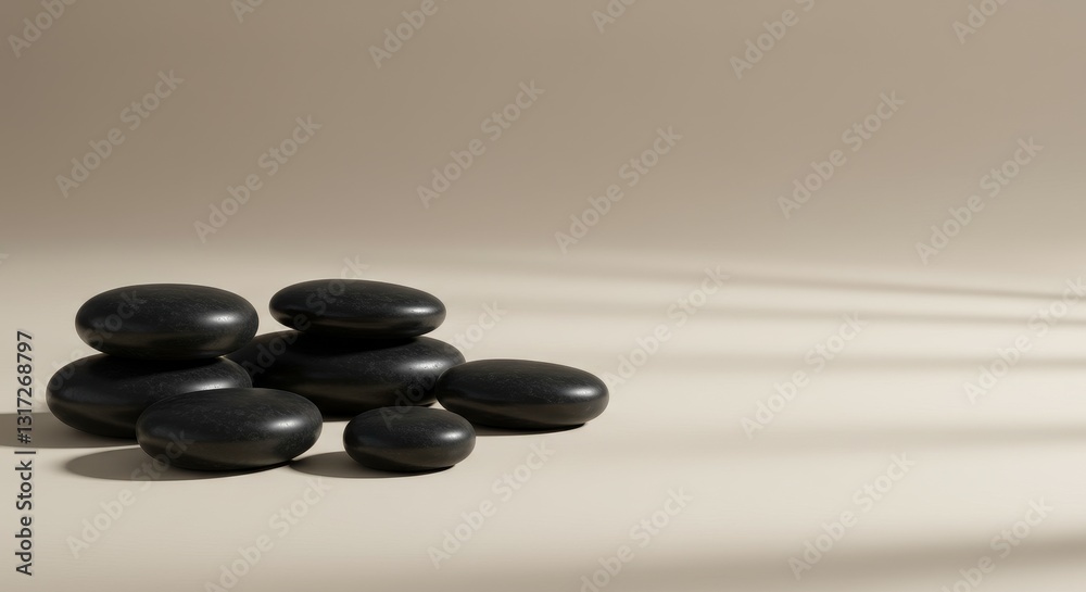 Smooth Black Stones on Beige Background - Collection of smooth black stones arranged on a beige background. Perfect for spa, wellness, or relaxation themes Smooth Black Stones on Beige Background - Collection of smooth black stones arranged on a beige background. Perfect for spa, wellness, or relaxation themes