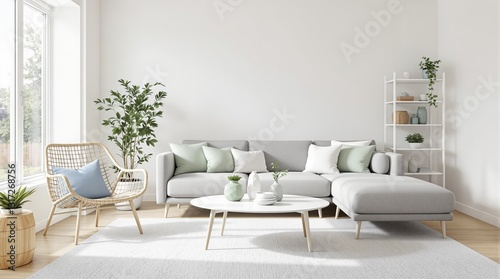Wallpaper Mural Bright living room with light gray sofa, green and white cushions, wooden chair, plants, and minimalist decor on a white backdrop. Ai generative Torontodigital.ca