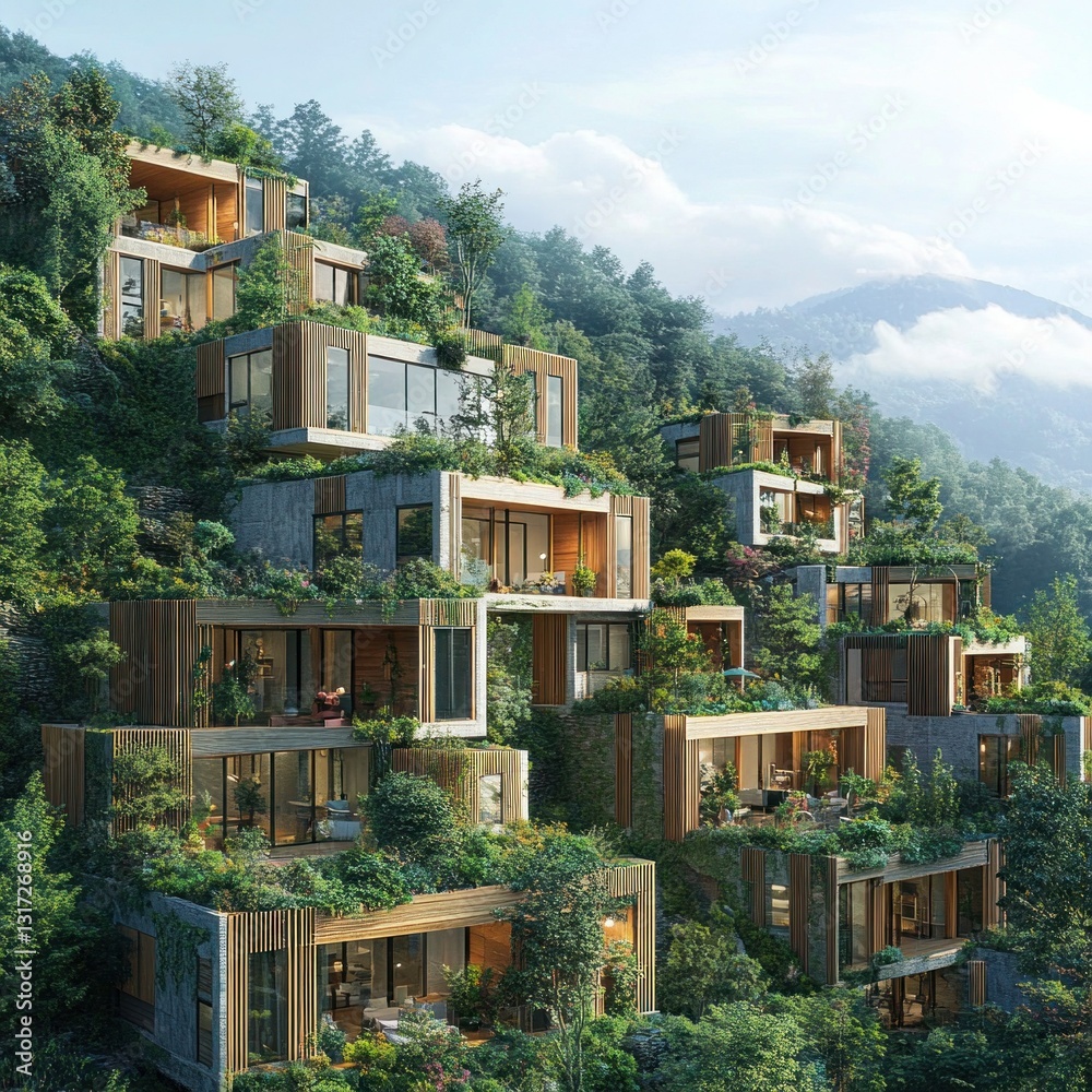 Fototapeta premium A high-rise green building with wind turbines integrated into its smart construction.