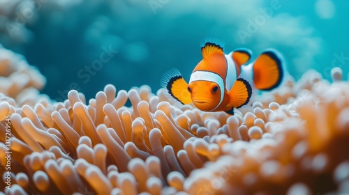Orange and white clownfish nestled among beige sea anemone tentacles underwater. Vibrant colors and soft lighting.