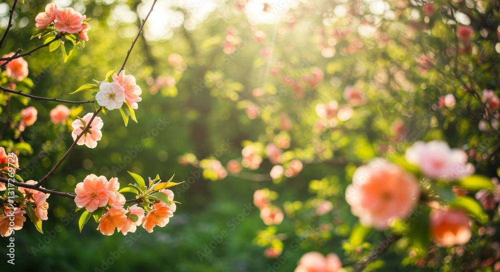 Spring Blossoms in Sunlight - Delicate peach and white blossoms on a tree branch bathed in warm sunlight, creating a vibrant spring scene Spring Blossoms in Sunlight - Delicate peach and white blossoms on a tree branch bathed in warm sunlight, creating a vibrant spring scene