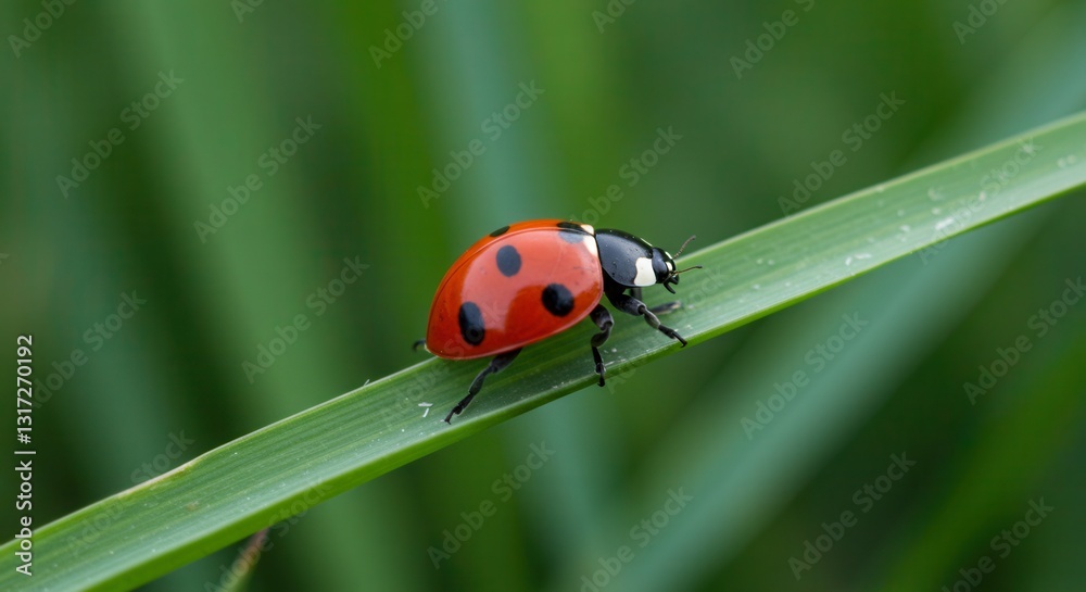 Fototapeta premium Ladybug Crawling on a Blade of Grass in a Green Field