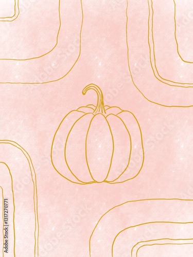 Textured blush pink background with delicate golden pumpkin lines and abstract golden arch lines framing the corners, creating a minimalist and elegant design.