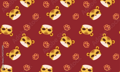 tiger stuffed doll and paw illustration seamless pattern