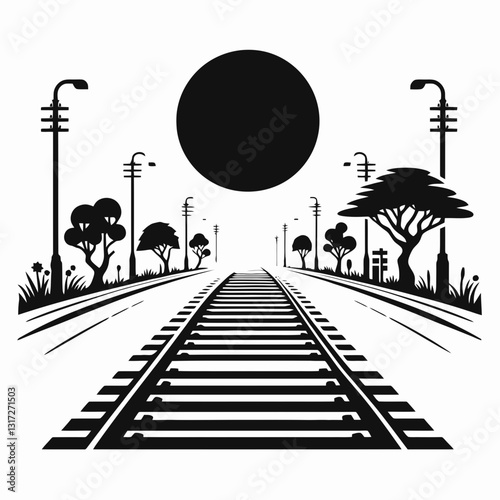 very simple flat and minimalist Train Tracks silhouette in black on a white background
