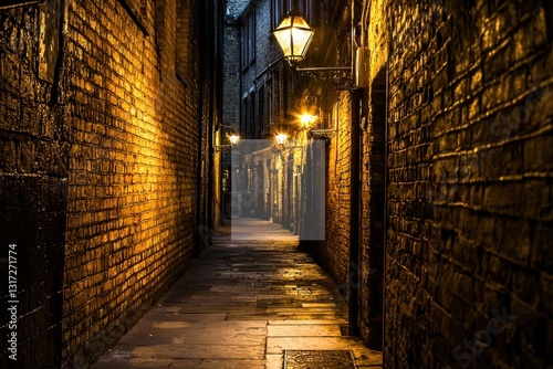 Narrow  brick-lined alleyway  illuminated by warm  overhead lamps  fades into shadowed distance
