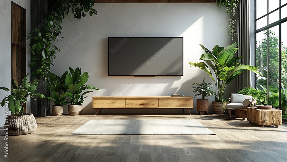 Fototapeta premium Modern Living Room Interior Design with TV, Plants, and Wooden Furniture