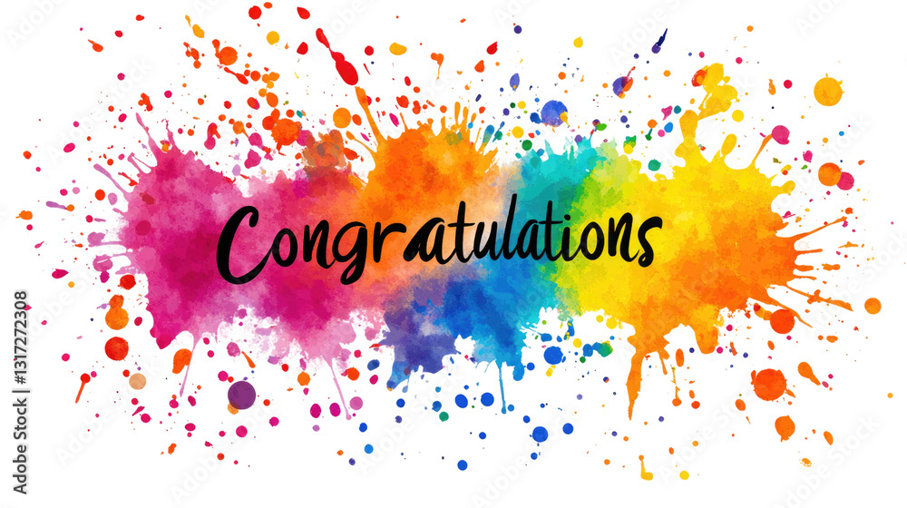 Bright splashes of color create a vibrant backdrop for the word congratulations, celebrating success and milestones in a lively and artistic way Bright splashes of color create a vibrant backdrop for the word congratulations, celebrating success and milestones in a lively and artistic way