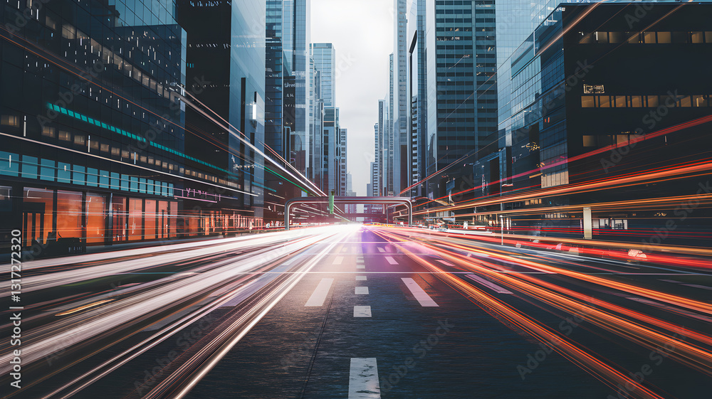 Fototapeta premium Urban cityscape at dusk with light trails from cars on a busy street surrounded by skyscrapers